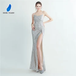 DEERVEADO Sexy Slit Evening Dress for Woman Mermaid Sequined Special Occasion Party Maxi Dress Formal Dress