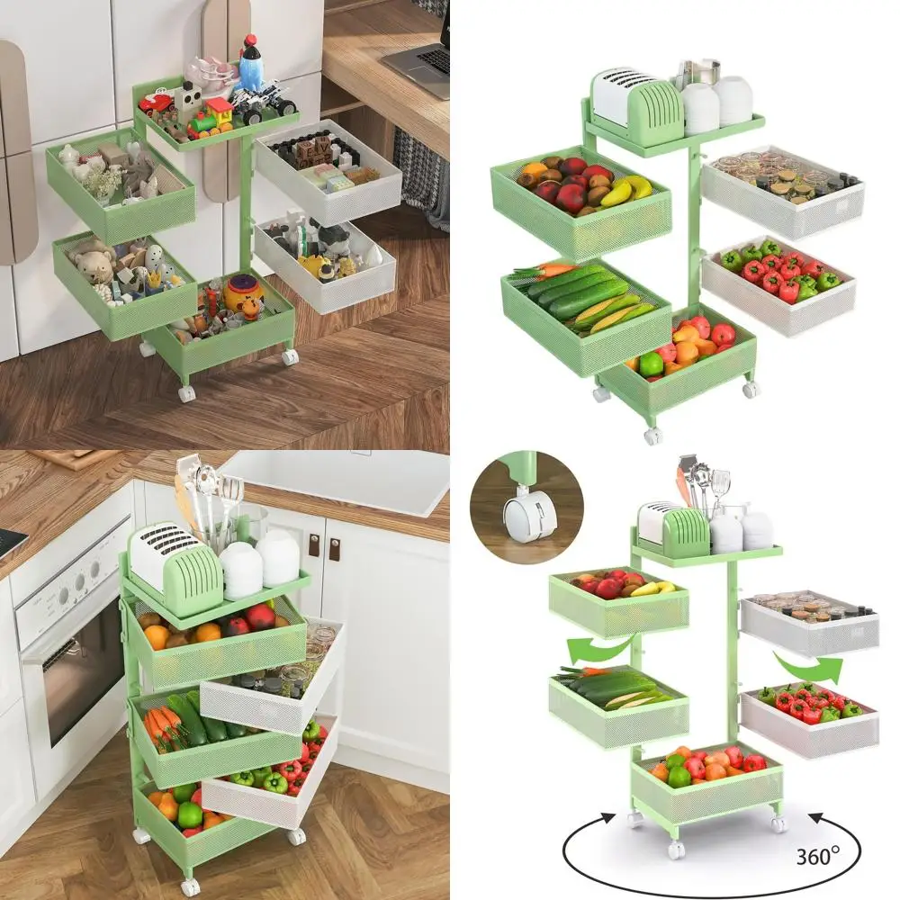 

5-уровневая зелено-белая кухонная тележка на колесиках с корзиной для фруктов и органайзером для ванной комнаты