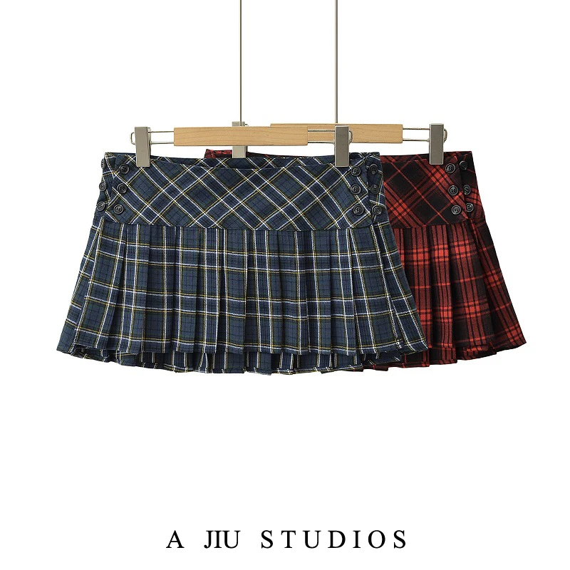 

American Sle Sweet And Spicy Plaid Skirt Low Waist Adjustable Button Sexy Ultra ort Skirt for Girls Summer Vintage H...