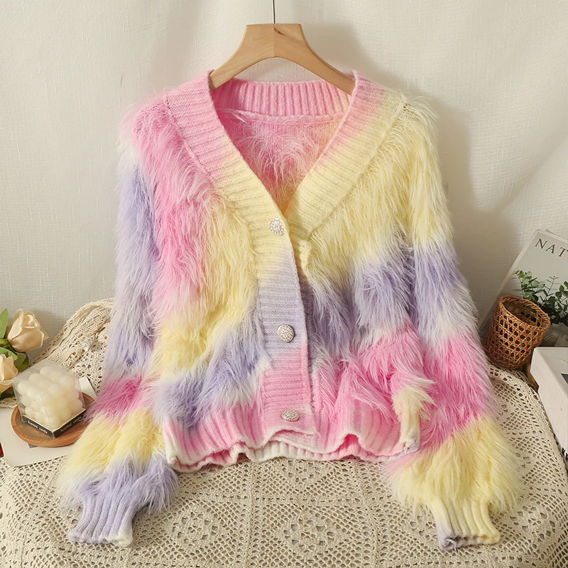 Colorful Striped Knitted Cardigan Sweater For Women\'s Autumn Winter 2023 Lazy Style Loose V-neck Sweet Comfortable Soft Coat