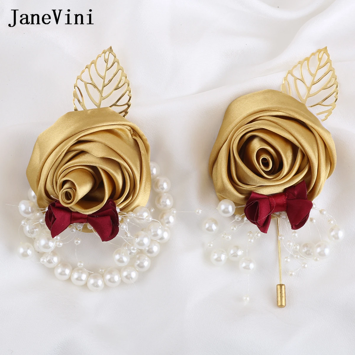 JaneVini Luxury Gold Groom Boutonniere for Wedding Man Guests Suits Brooch Bride Wrist Corsages Groomsmen Boyfriend Buttonhole