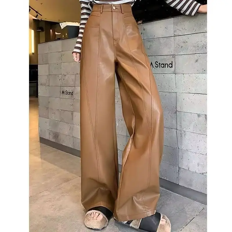 

Осенне-зимний костюм, брюки, кожаные брюки, женские 2026, новая мода, свободные повседневные широкие брюки, однотонные прямые брюки, женские