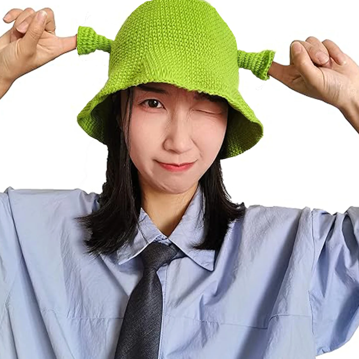 Handgehäkelte Sturmhaube Monster Shrek Strickmütze, grünohriges Monster, lustige und süße Bohnenmütze, warme Winter-Outfit-Abziehermütze