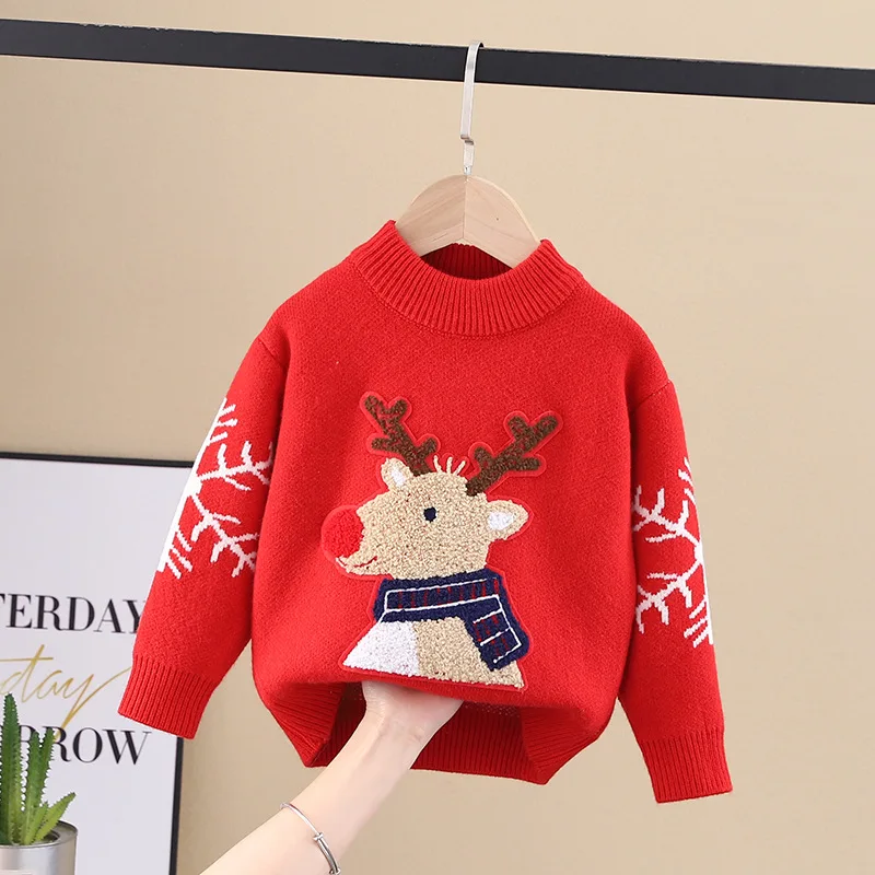 Children's Christmas Sweater fleece-lined Thickened New Year Sweater Boys and Girls Joker Knitted Base Shirt