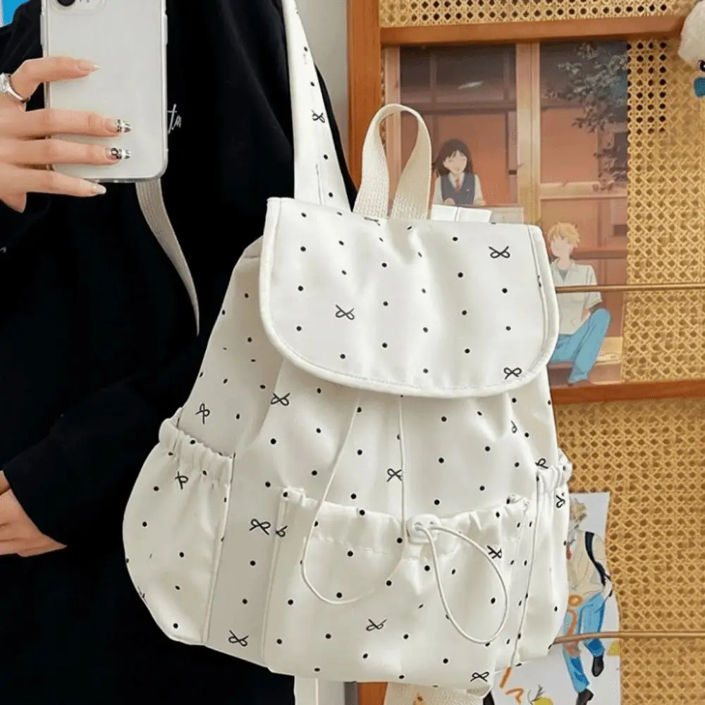 Japanese Style Women's Backpack Polka Dot Pattern Drawstring Closure Drawstring Backpack Large Capacity Preppy Style Bag