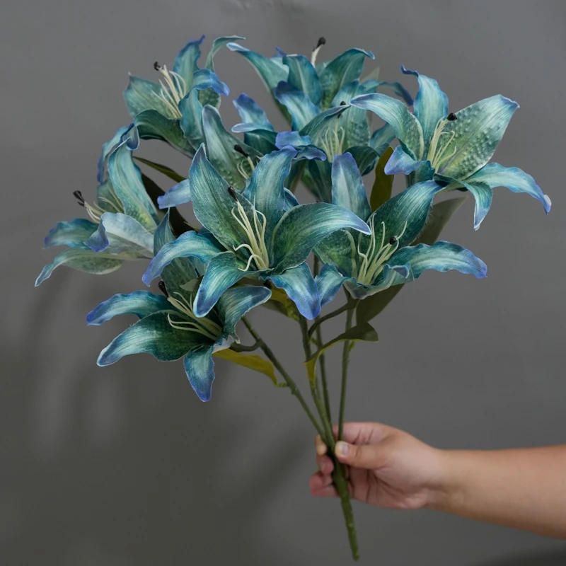1 Stück Retro Ölgemälde-Stil 9-köpfige Lilie Simulationsblume Hochwertige Luxus-Kunstblume Wohnzimmer Esstisch Dekoration – Detail 1