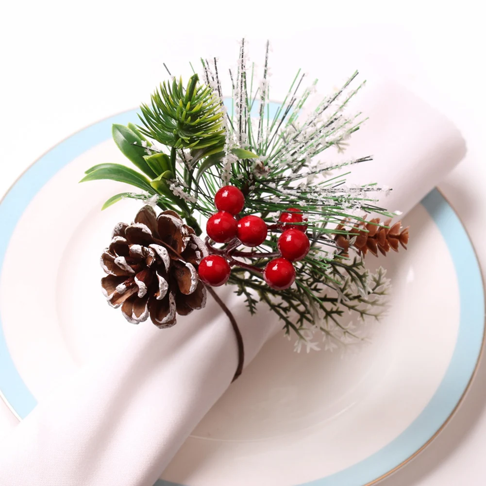 Napkin Rings Set of 6 Pine Needle Berries Christmas Thanksgiving Holiday Rustic Farmhouse Napkin Rings Holders