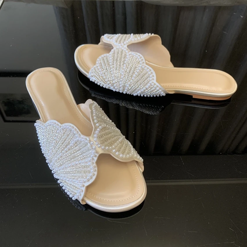Shiny Faux Pearl Detail Flat Sandals Women Summer Fashion Open Toe Outside Beach Shoes Woman Casual Comfortable Flats Slippers