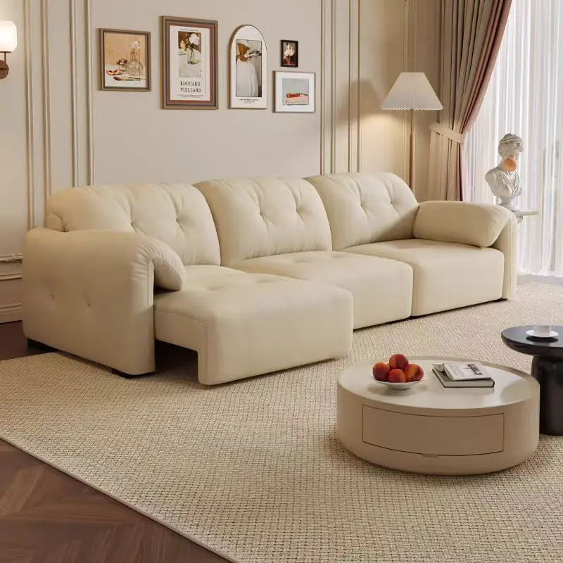 

！@Cream Style High-end Electric Retractable Velvet Functional Sofa Living Room Straight Cheap Extendable Velvet Functional Sofa