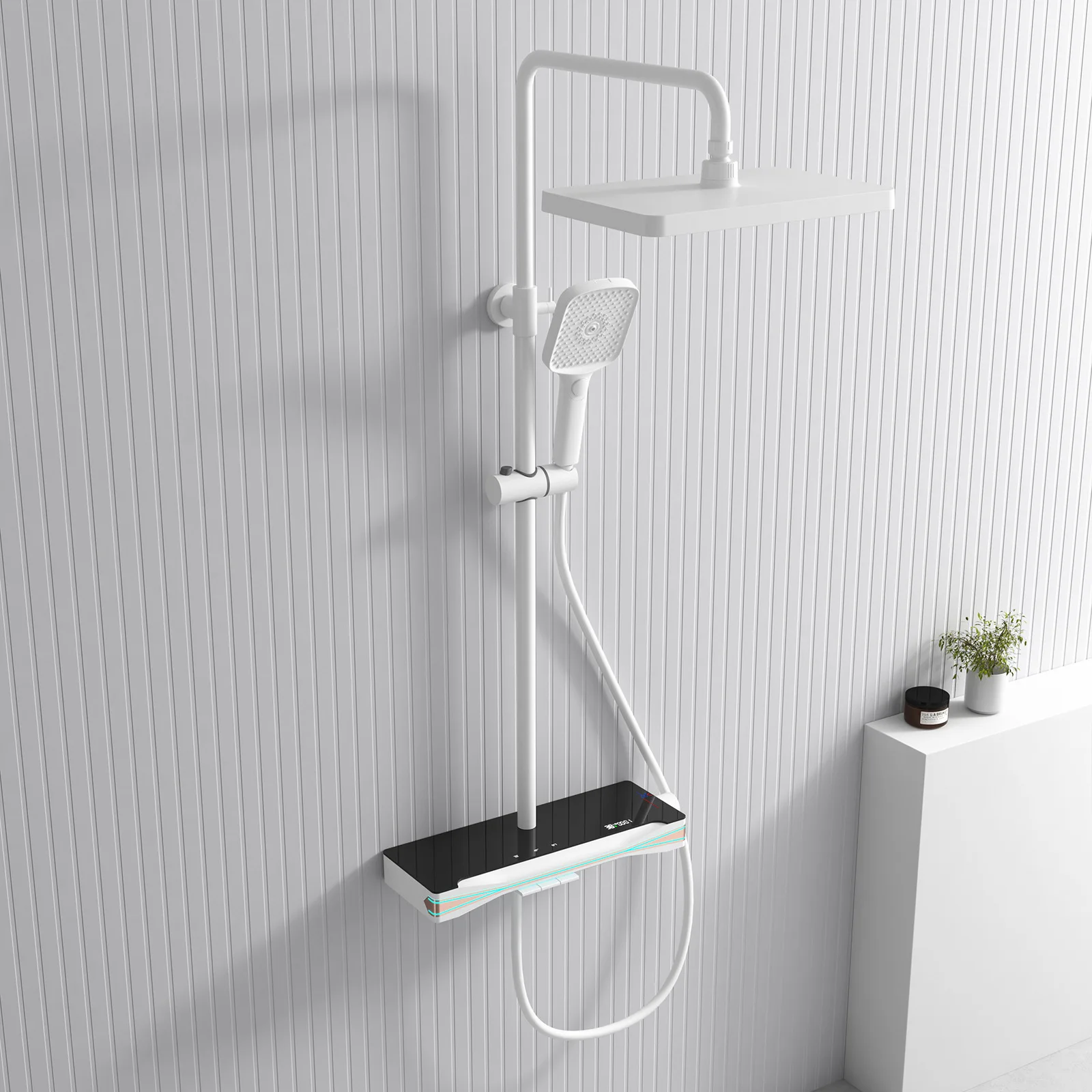 Three-function Thermostatic With Storage Ambient Light Square Tube Bathroom Surface Shower White Color Wall Shower Set
