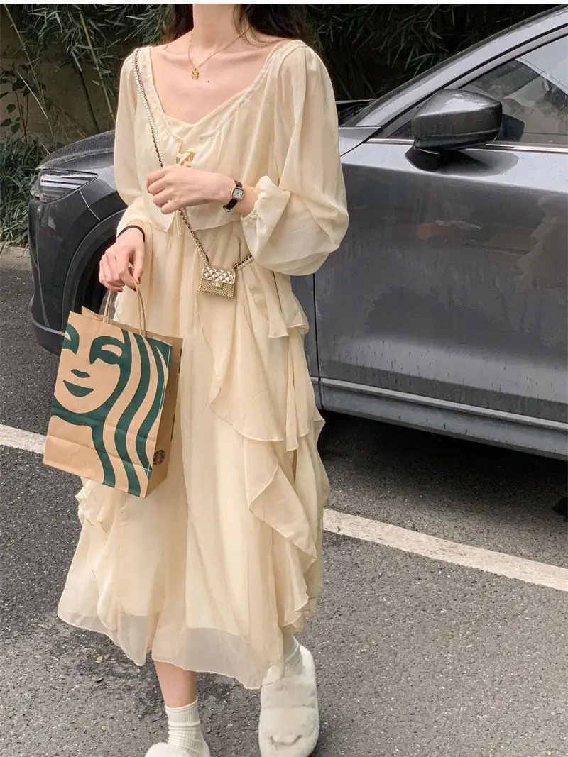 2 pçs sexy cinta de espaguete chiffon estilo fada irregular em camadas vestido para as mulheres verão coreano fino ajuste temperamento vestido elegante