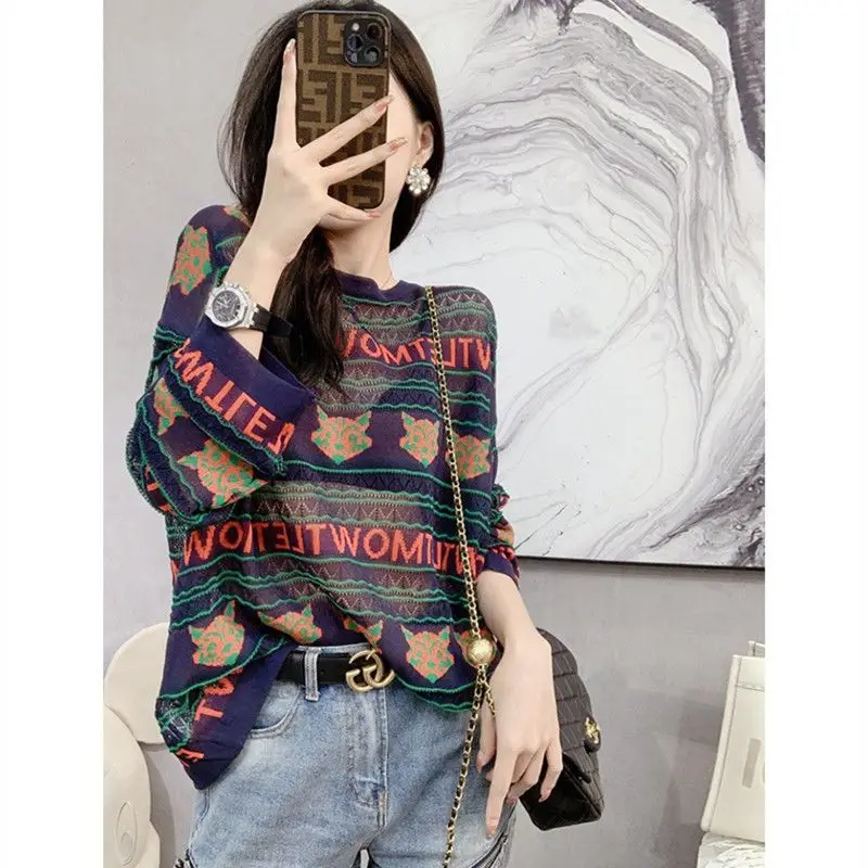 Women's Clothes Spring and Autumn Long Sleeve Knitted T-Shirt Stylish Base Shirt Fashionable Jacquard Loose Sunscreen Shirt Tops
