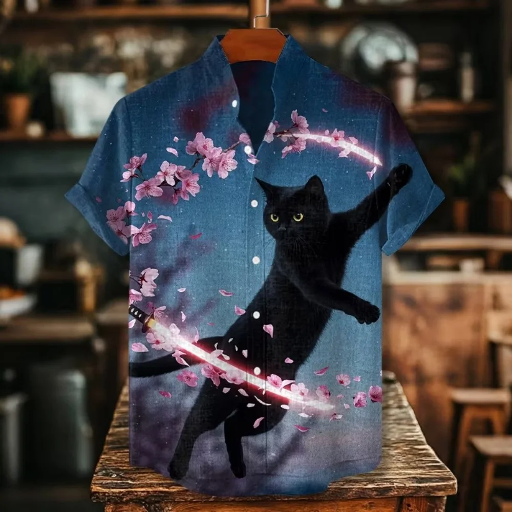 

Sakura Samurai Black Cat Glowing Sword Print Linen Shirts Men Stand Collar Vintage Hawaii Casual Beach Top