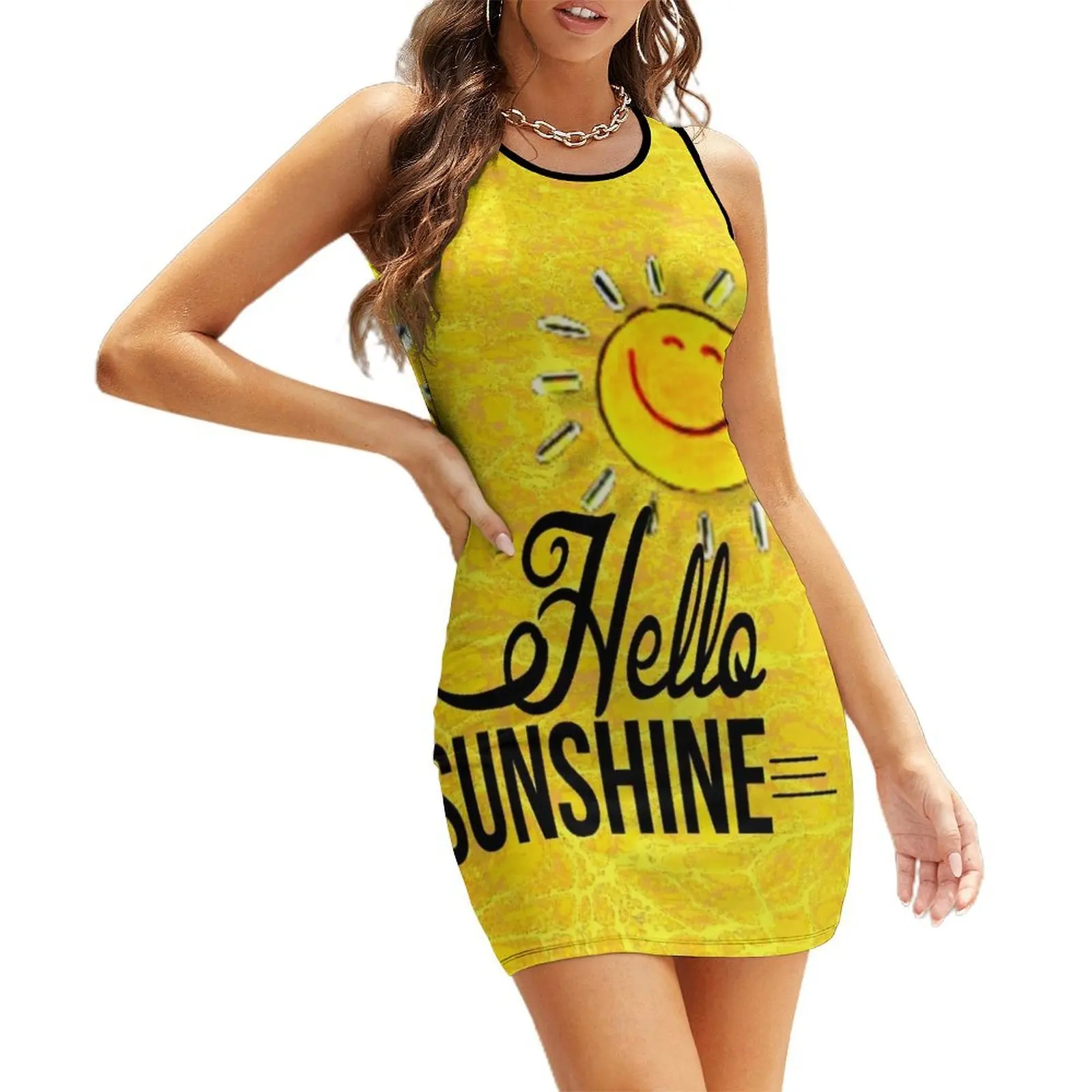 

Hello Sunshine with a Happy Sun. Mindfulness. Bright yellow Pattern. Sleeveless Sundress Women's summer dresses Clothing female