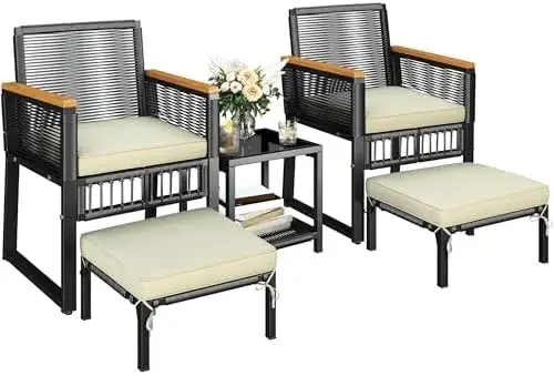 5-Piece Outdoor Conversation Set, Wicker Patio Furniture Set | w/ Rattan Armchairs, 2-Layer Side Table, Ottomans