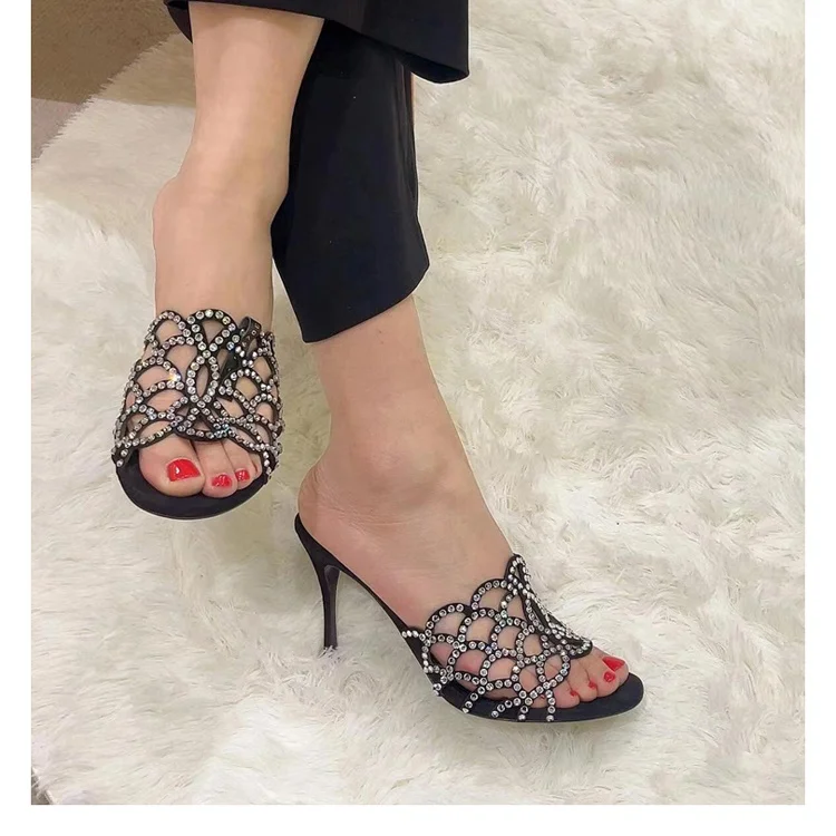 Peep Toe Hollow Rhinestone Mules Stiletto Heels Cross Straps Slip On Summer Sexy Lady Party Dress Sandals Rubber Sole Slippers