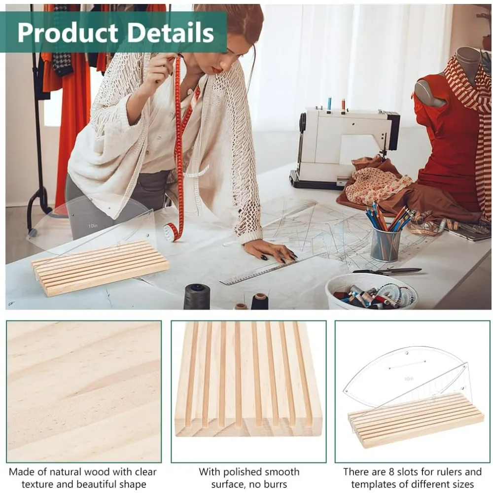 8-Slot Wooden Ruler Organizer Quilting Ruler Storage Rack Ruler Stand for Quilting Rulers 4mm Grid Ruler Holder for Sewing kit