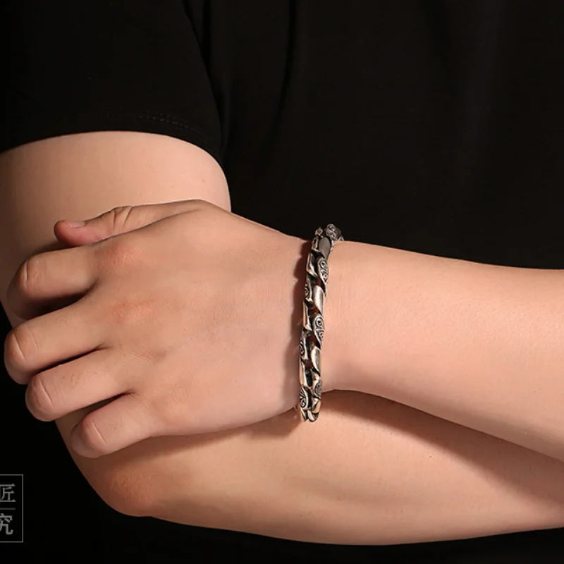 Unibabe-Bracelet thaïlandais en argent pur S925, fleur de la dynastie Tang, mode masculine, bijoux vintage (HY25A)