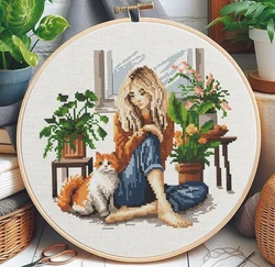 Cross Stitch Kit for DIY Handmade Home Decor, Birds on a Teapot Bouquet, Fabric Cloth, Cotton -10 Window Girl 32-30