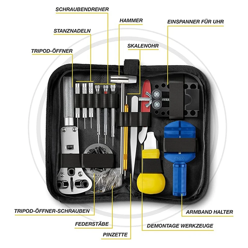 

Инструмент для часов A69Z премиум-класса — набор инструментов для часовщика 148 предметов — с открывашкой для часов для замены батареи и запечатывания — углеродистая сталь