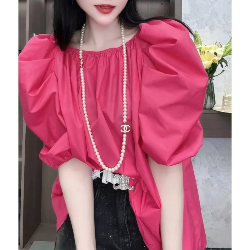 Summer Elegant Loose All-match Blouse Short Sleeve O-neck Solid Pleated Youth Office Shirt Tops Fashion Vintage Women Clothing