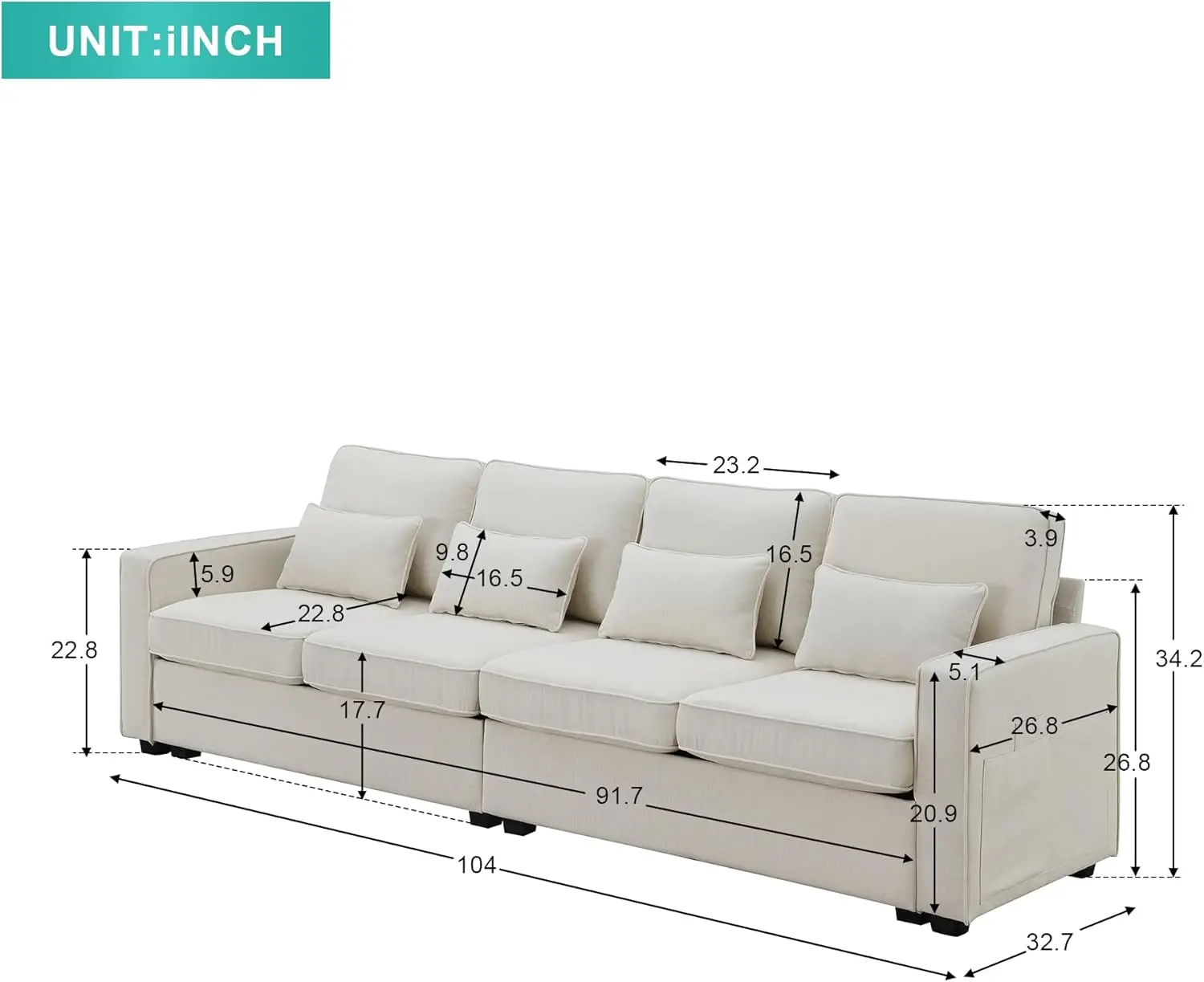 P Purlove 4-Seater Modern Sectional Sofa, 104