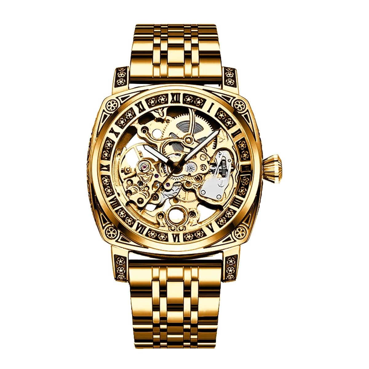 New Fashion Trend Retro Hollow Fully Automatic Mechanical Watch Leisure Night Glow Men\'s Gold Sculpture Steel Band Watch