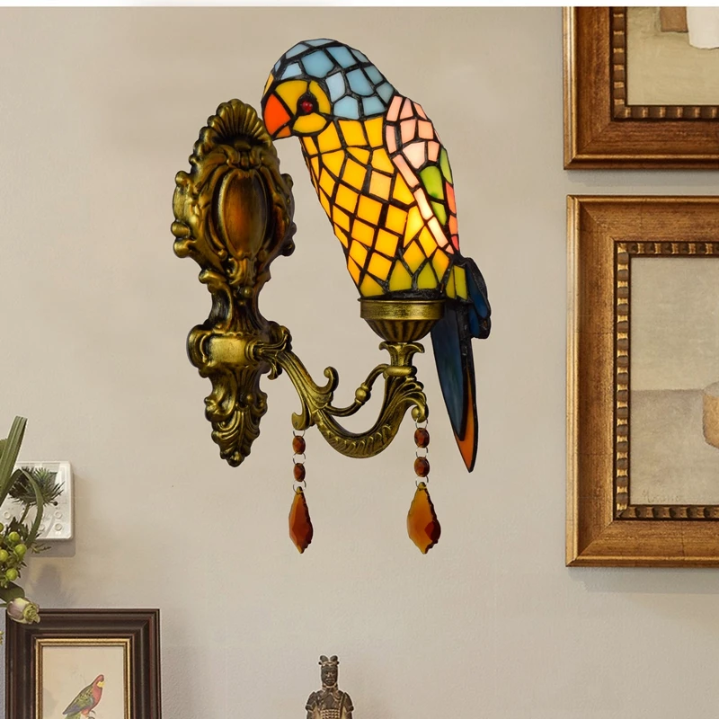 Parrot Wall Lamps Luminaria Home Decor Bathroom Sconces Mirror Lights LED Tiffany Mediterranean Stained Glass Lighting Fixtures