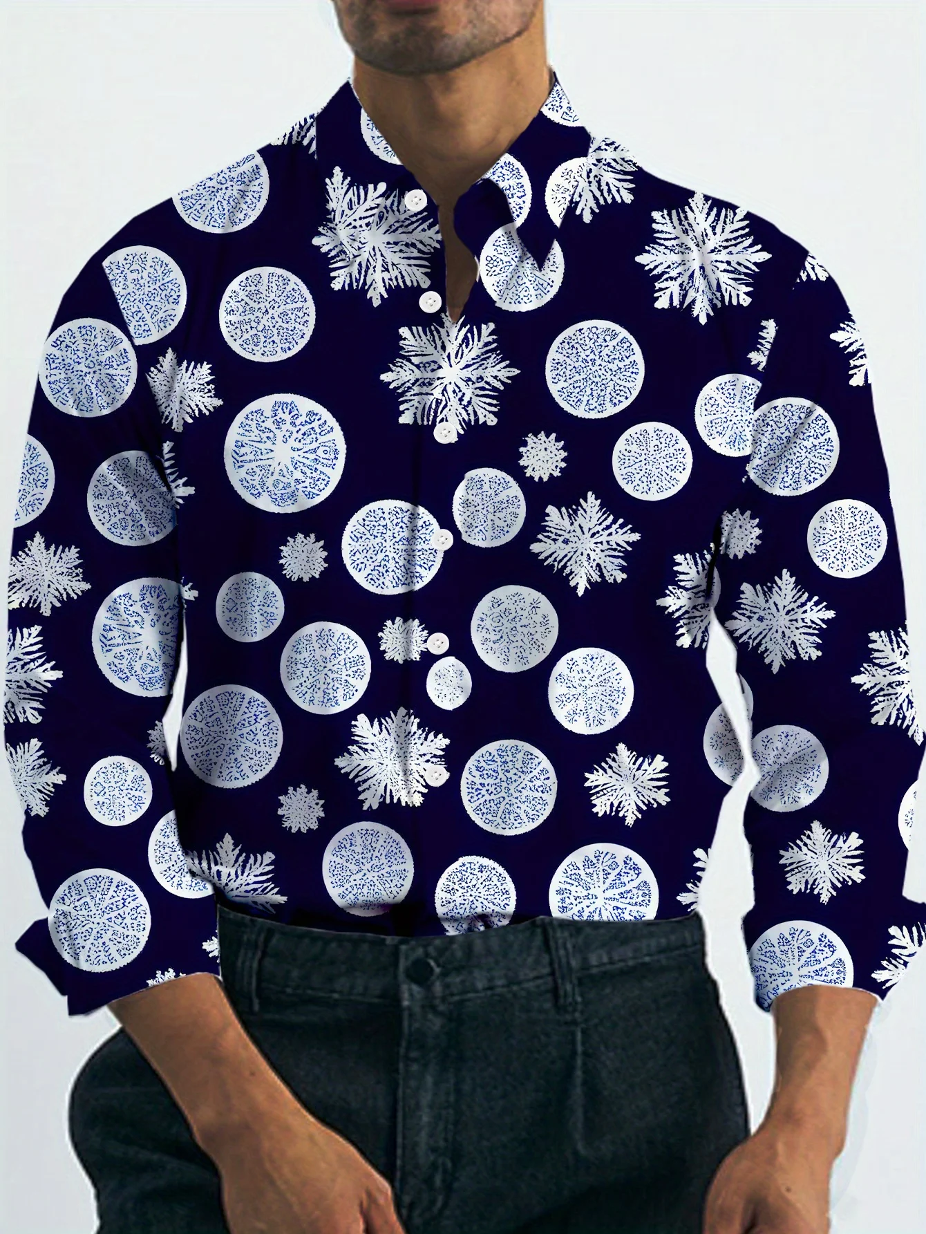 

Men'S Holiday-Themed Long Sleeve Shirt - "Merry Christmas" Design with Santa, Gifts, and Snowflakes, Red & Golden Print