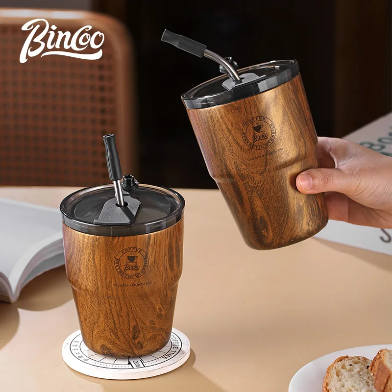 BINCOO Thermal Flask Insulated Coffee Cup Thermal Water Mug Cup With Straw Leakproof Wood Stripe Bottle Ceramic Liner Cup