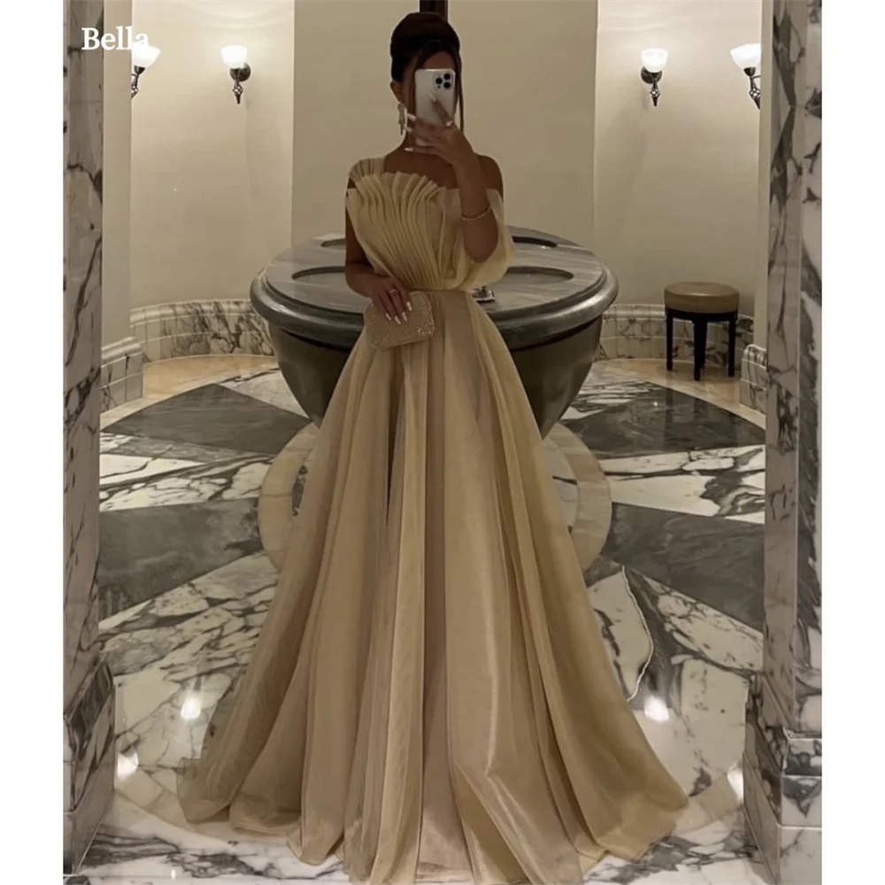 

Bella Champagne Tulle Prom Dresses Off the Shoulder A-line Wedding Dress Elegant Sleeveless Floor-length Vestidos De Fiesta 2024