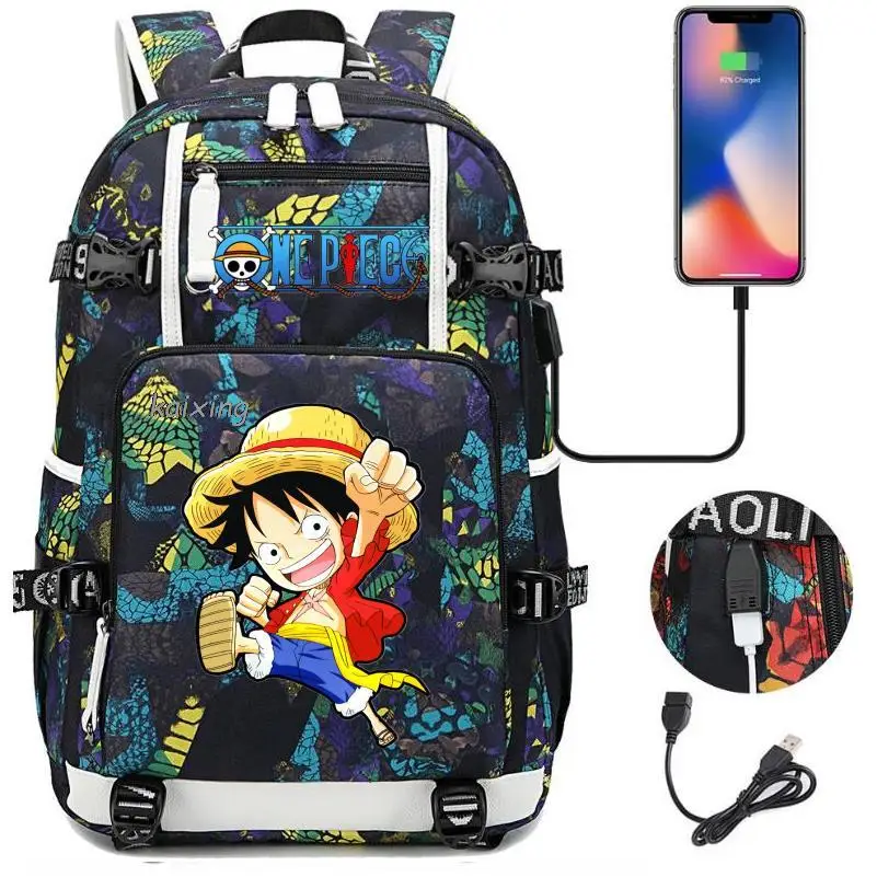 Mochila de Anime de una pieza para hombre y mujer, morral escolar de gran capacidad con USB, ideal para estudiantes y adolescentes