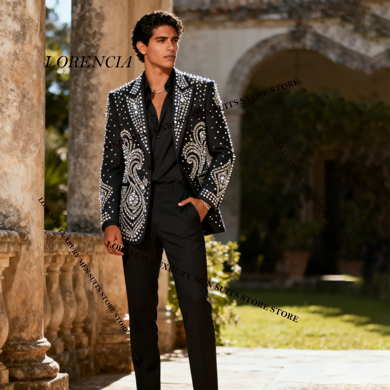 

Customized Diamond Ornament Tuxedos Men Suits Peaked Lapel 2 Pieces Sets Male Square Blazers Wedding Groom trajes para hombre