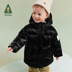 Amila Baby Children Down Jacket 2024 Winter New Multicolour Hooded Fleecing Shiny Fabric Windproof Cuffs   Baby Clothing