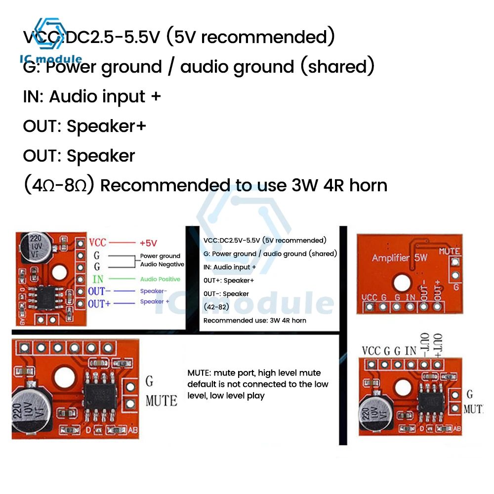 Xs9871 Mini Class Ab Module Digitale Eindversterker Board DC2.5V-5V Mono 5W Audio Eindversterker Module Met Pin