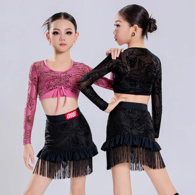 

Детские костюмы для латиноамериканских танцев для девочек: топ с принтом на завязках и юбка с бахромой для тренировок, комплекты для бальных танцев, одежда для румбы