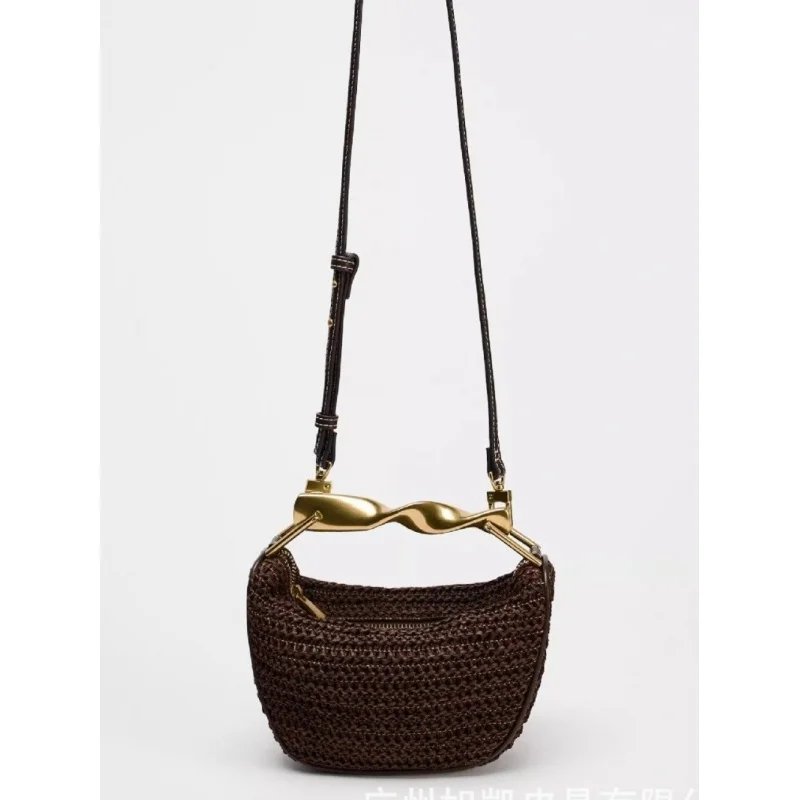 

New-border women's bag with metal handle, crossbody zipper, casual and fashionable woven bag