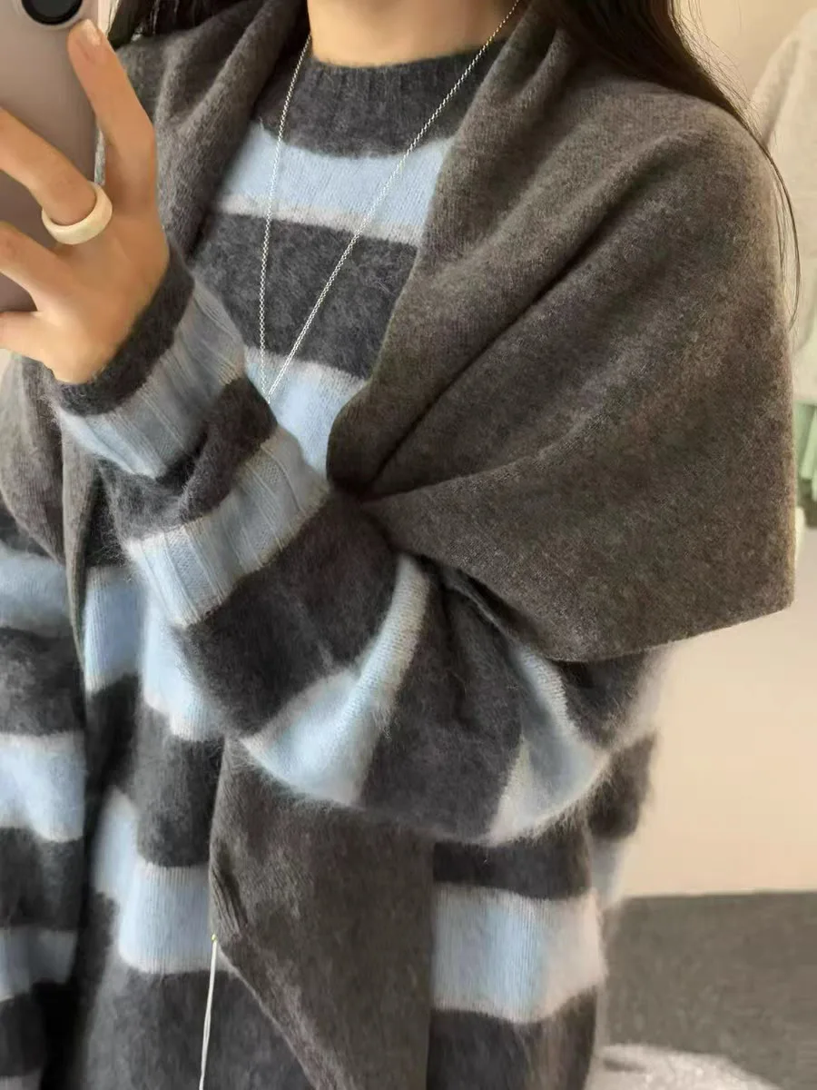 سترة نسائية محبوكة فضفاضة مستديرة Ne شريطية اللون Blo Dongdaemun Sle لينة مريحة كسول بلوزة الخريف Faion السيدات تريكو #5