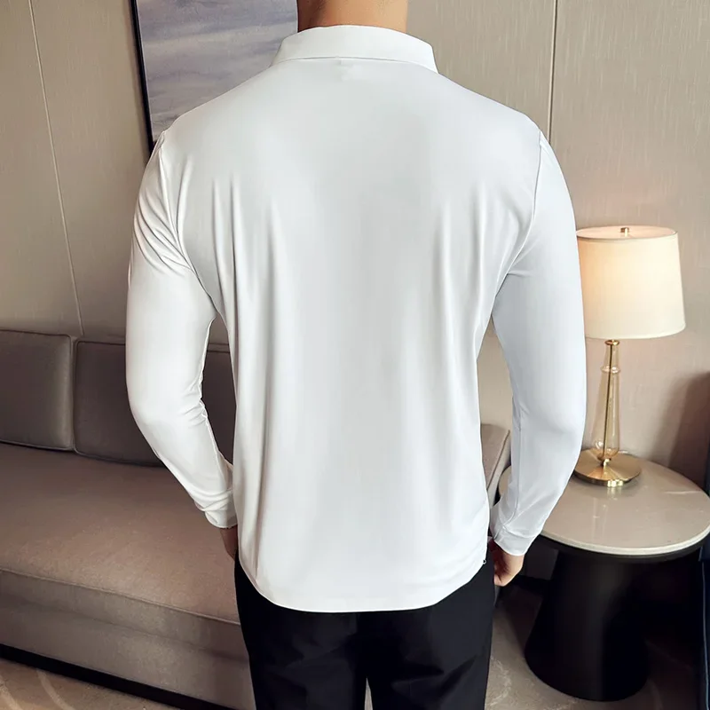 High Elasticity Men POLO Shirt 2023 Autumn Base Tops Ice Silk Fabric Solid Casual Long Sleeve POLO Shirt Casual Slim Fit T Shirt