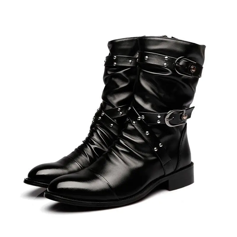 

Autumn Winter Mid-calf Leather Boots Men Warm Fur Leather Shoes Designer Fashion Pointed Toe Motorcycle Boots Zapatos De Hombre