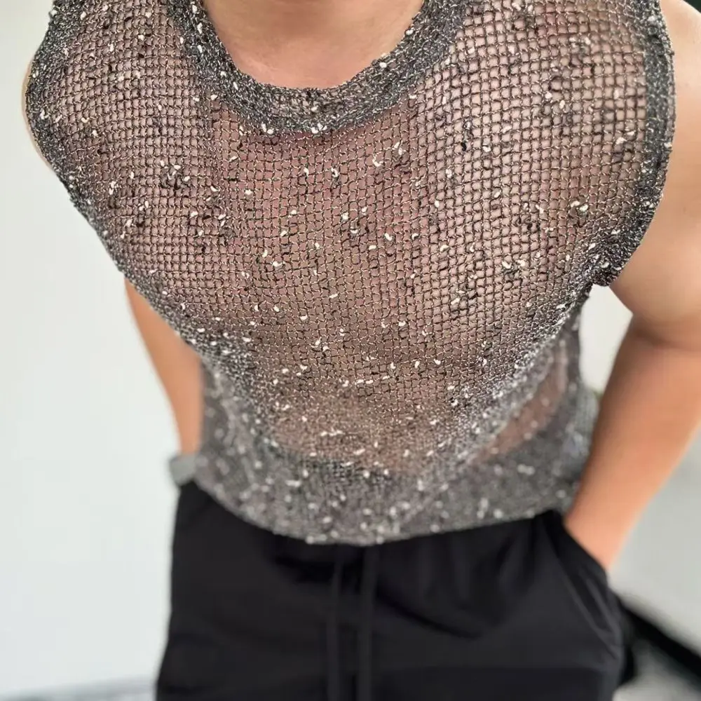 Mens Sexy Mesh Knit Tank Top Hollow Sleeveless Vest Summer Party Nightclub Style Slim Fit Breathable Base Shirt