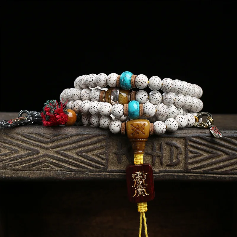 108-bead Tibetan-style Buddhist prayer beads made from natural star-and-moon bodhi seeds with a neck strap and three-way