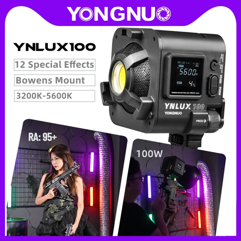 YONGNUO COB светодиодный светильник для видеосъемки YNLUX100 100 Вт двухцветный 3200-5600K портативный уличный заполняющий светильник для фотосъемки видеоблогов фотостудии TikTok