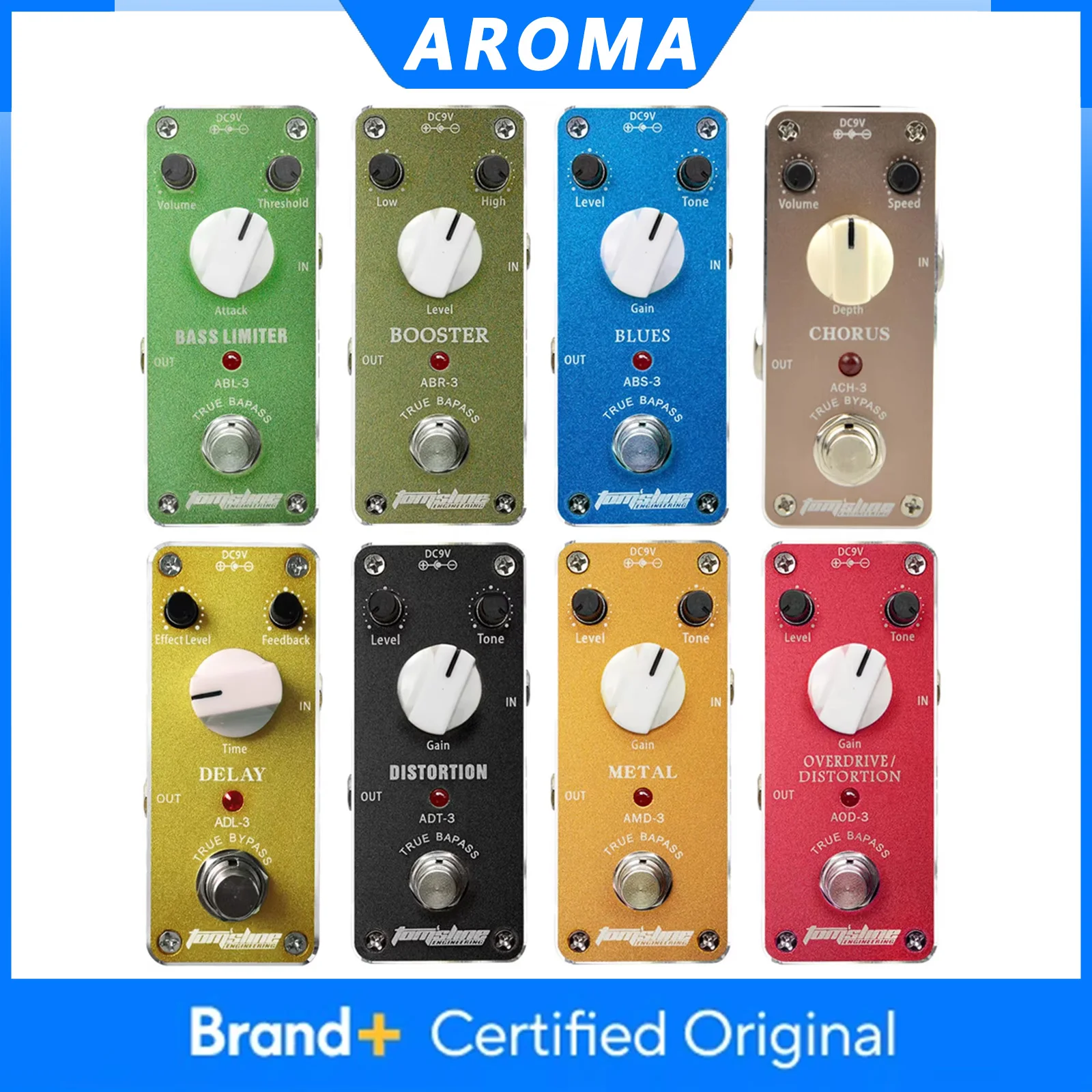

Педаль эффектов AROMA для гитары True Bypass: бустер/дилэй/хорус/овердрайв/дисторшн/блуз/метал/лимитер для баса