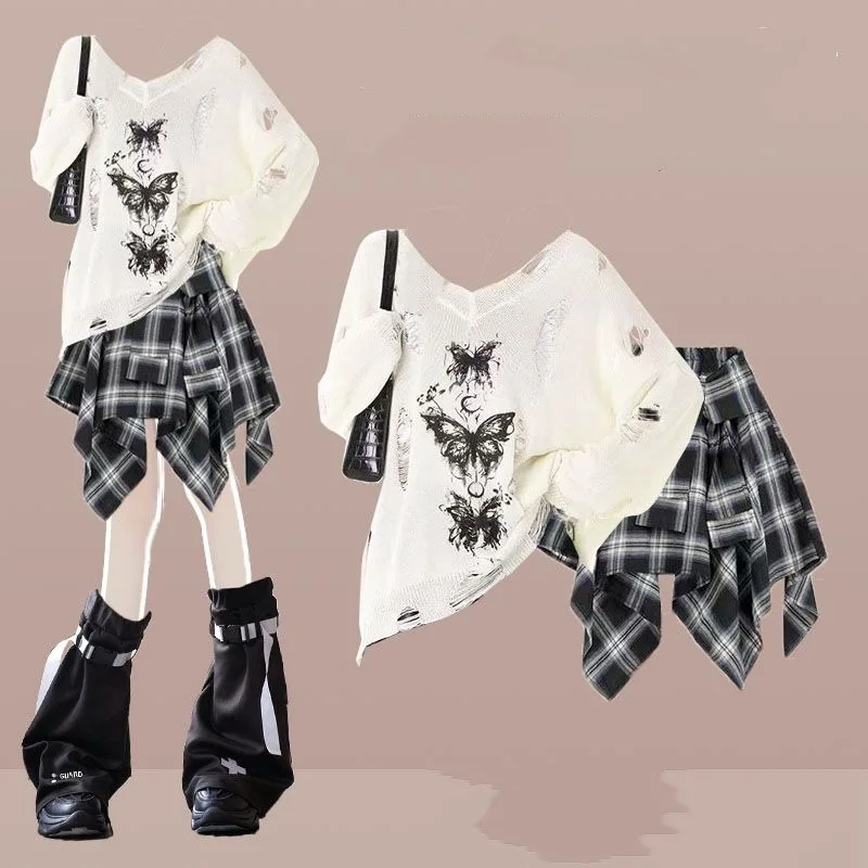 

Women Summer Fashion Hollow Out Butterfly T-Shirts Sling Plaid Mini Skirt 3 Piece Set Lady Top Skirts Streetwear Outfits Female