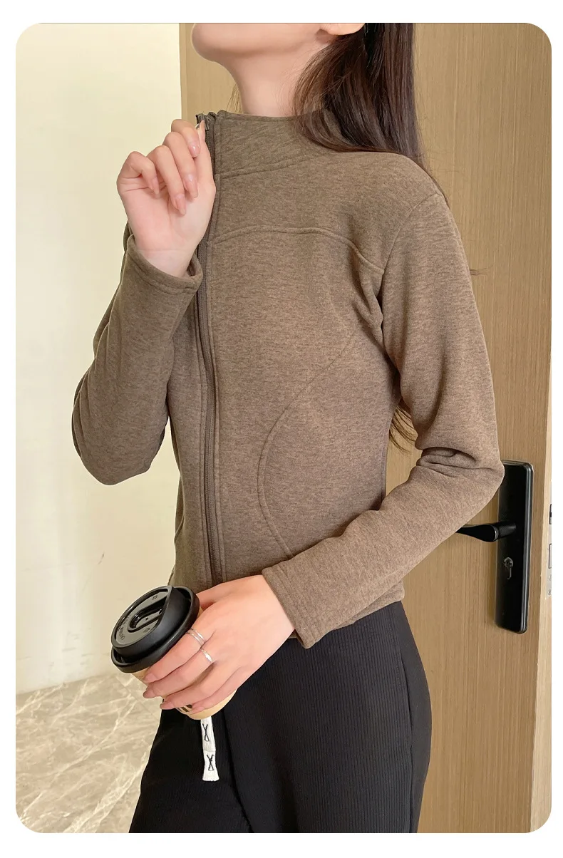 Women's Slim Fit Fleece Lined Short Sweatshirt Jacket Autumn Winter Thick Warm Zipper Jackets Woman Solid Stand Collar Yoga Wear