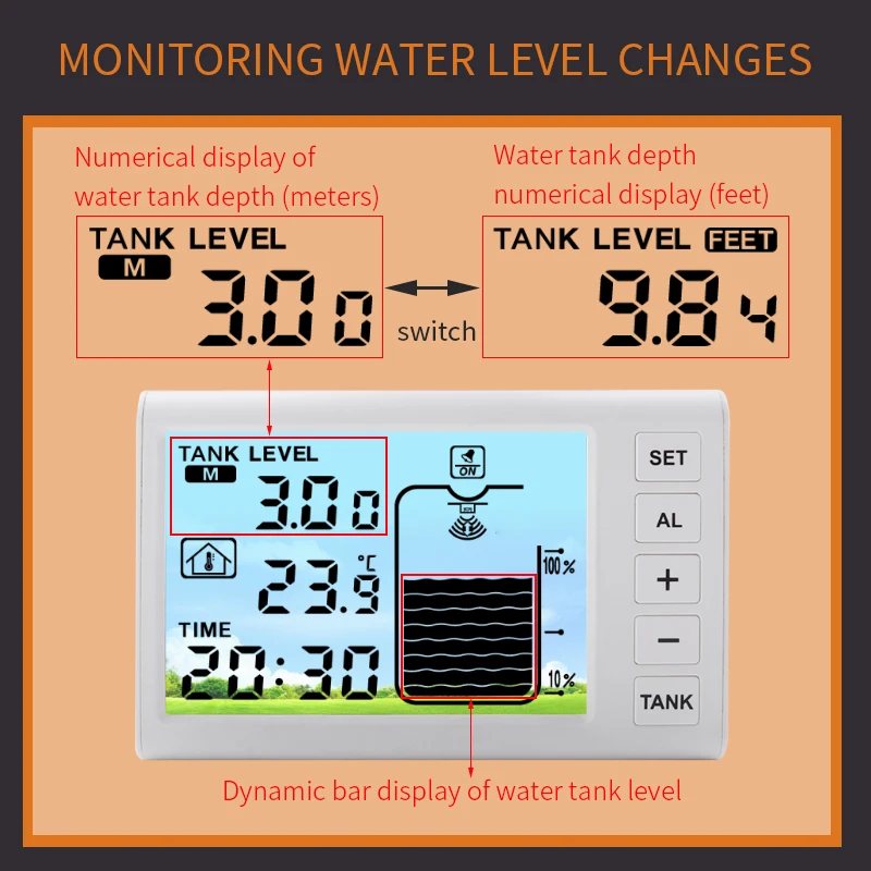 Digtial Ultrasonic Level Gauge Meter LCD Indoor Tank Water Liquid Depth Temperature Monitor Alarm Clock 100M Sensor -40℃ Backlit