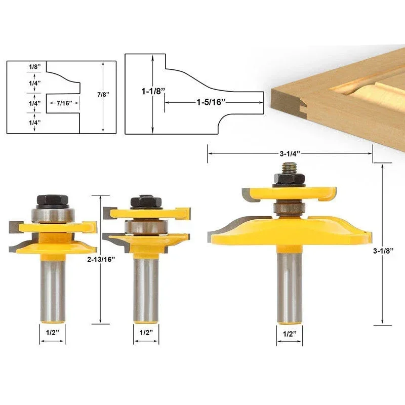 3 buah/Set 1/2 "12.7MM Shank pisau penggilingan ukiran kayu mengangkat Panel kabinet pintu Router Set Bevel pekerjaan kayu pemotong Tenon