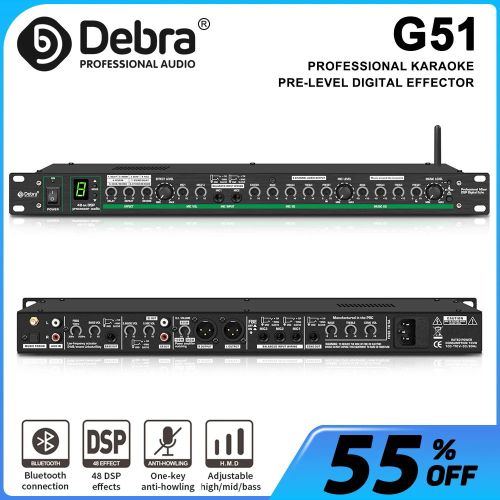 

Debra G51 Reverb, Anti-Squeal Pre-Processor Controller with Bluetooth 5.0, 48 bit DSP, for Stage, Church, Orchestra