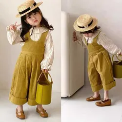 Girls' Autumn Outfit New Striped Doll Collar Long Sleeved Shirt+Corduroy Wide Leg Overalls 2-Piece Set Children Clothing Suits